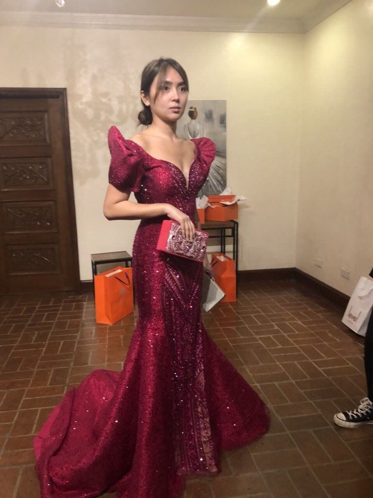 Vintage Burgundy Mermaid Deep V Puff Sleeve Sequin Train Prom & Evening Dress - View 2 | FashionDia