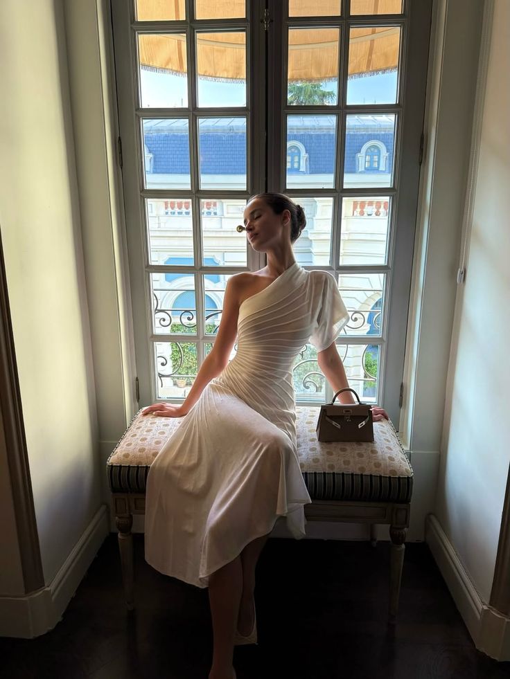 Simple White Slim One-shoulder Pleated Tea-length Prom Dress Evening Dress