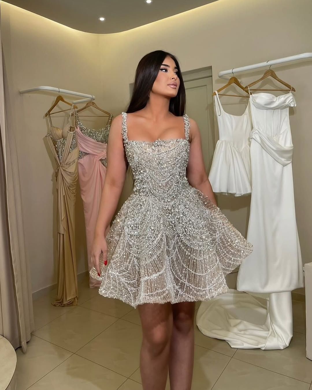 Gorgeous Silver Square Neckline Heavy Rhinestone A-line Mesh Birthday Party Homecoming Dress