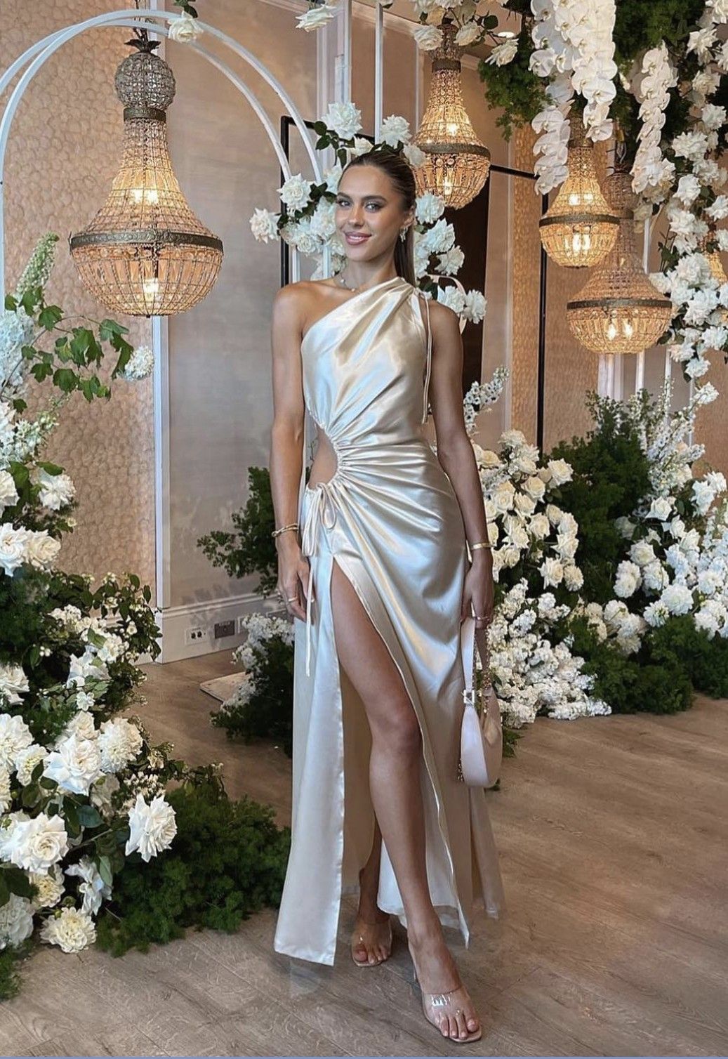 Elegant Champagne One-shoulder Pleated High Slit Satin Prom Dress Evening Dress