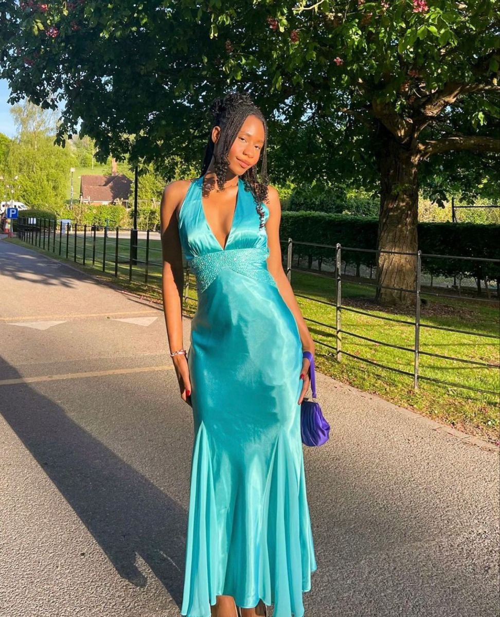 Elegant Turquoise Mermaid Halterneck Deep V-neck Satin Long Prom Dress Evening Dress