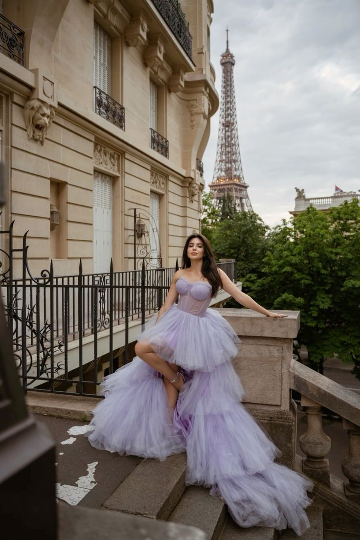 Dreamy Purple Train Strapless Tulle Ball Gown Evening Dress
