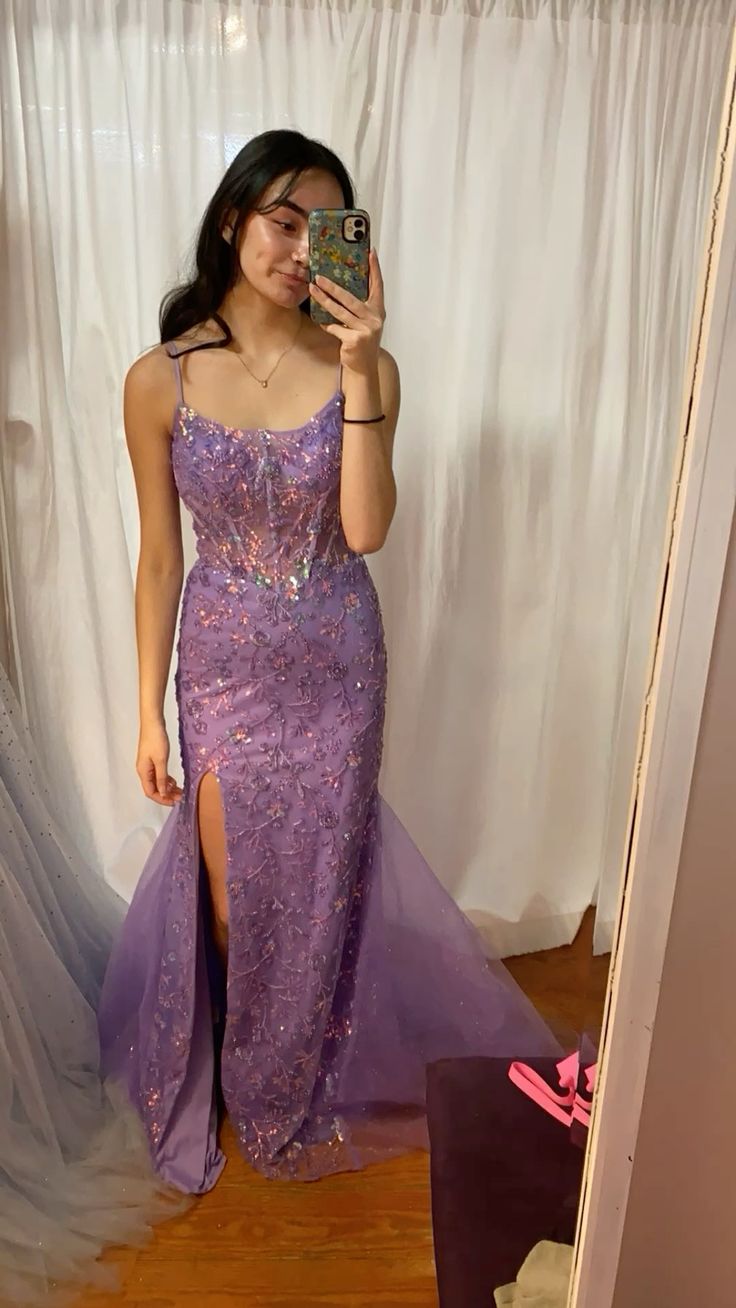 Gorgeous Purple Mermaid Spaghetti Strap Sequin Embroidery Slit Long Prom Dress Evening Dress