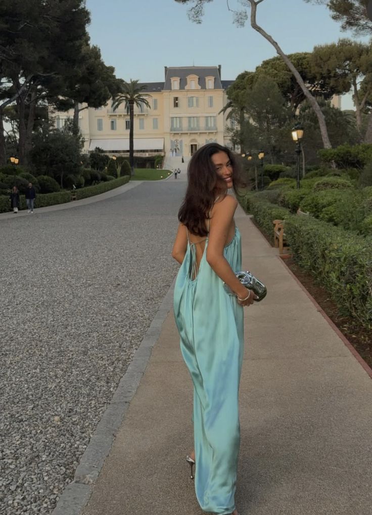 Relaxed Mint Green Loose Spaghetti Strap Backless Satin Long Prom & Evening Dress - View 3 | FashionDia