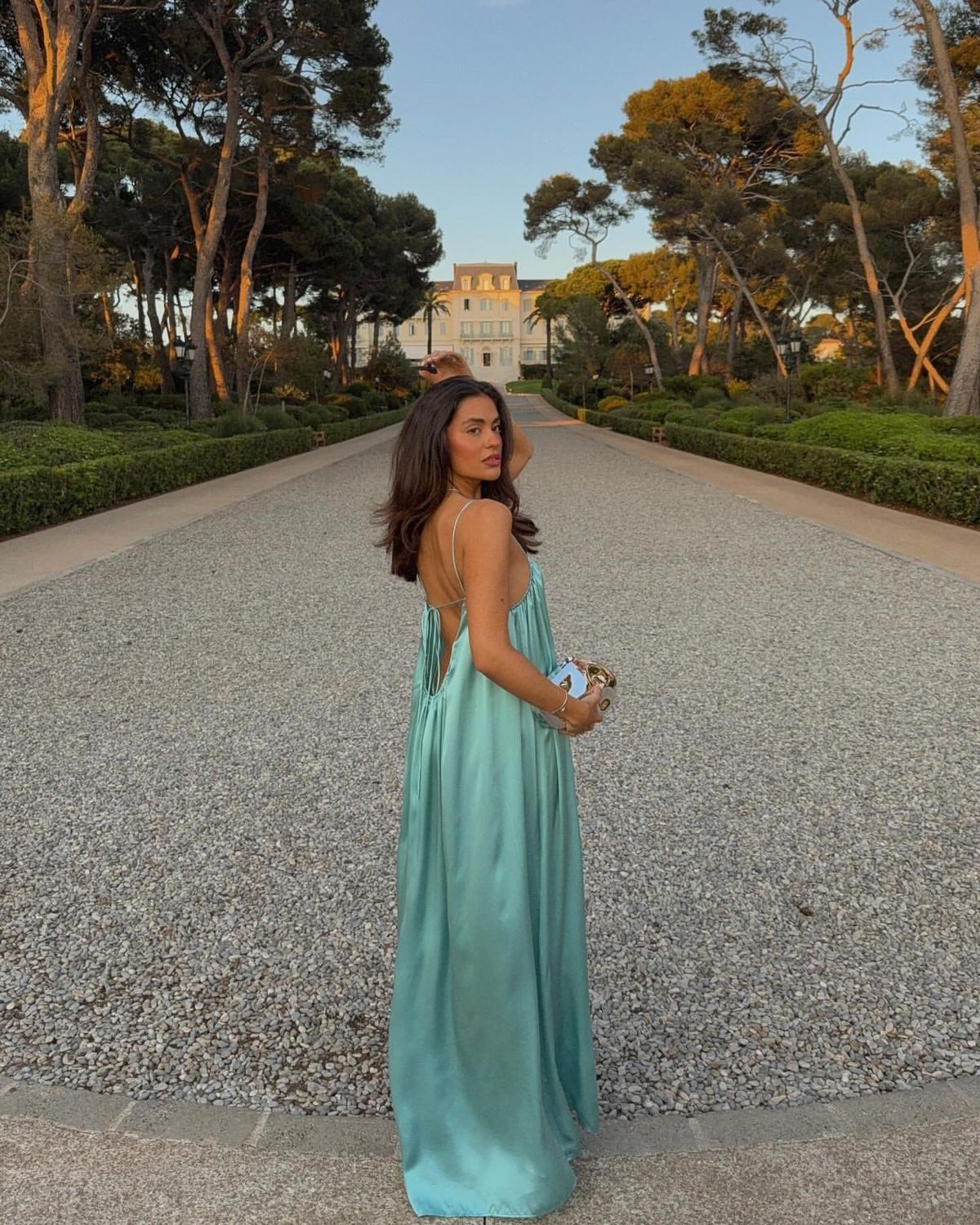 Relaxed Mint Green Loose Spaghetti Strap Backless Satin Long Prom & Evening Dress - View 4 | FashionDia