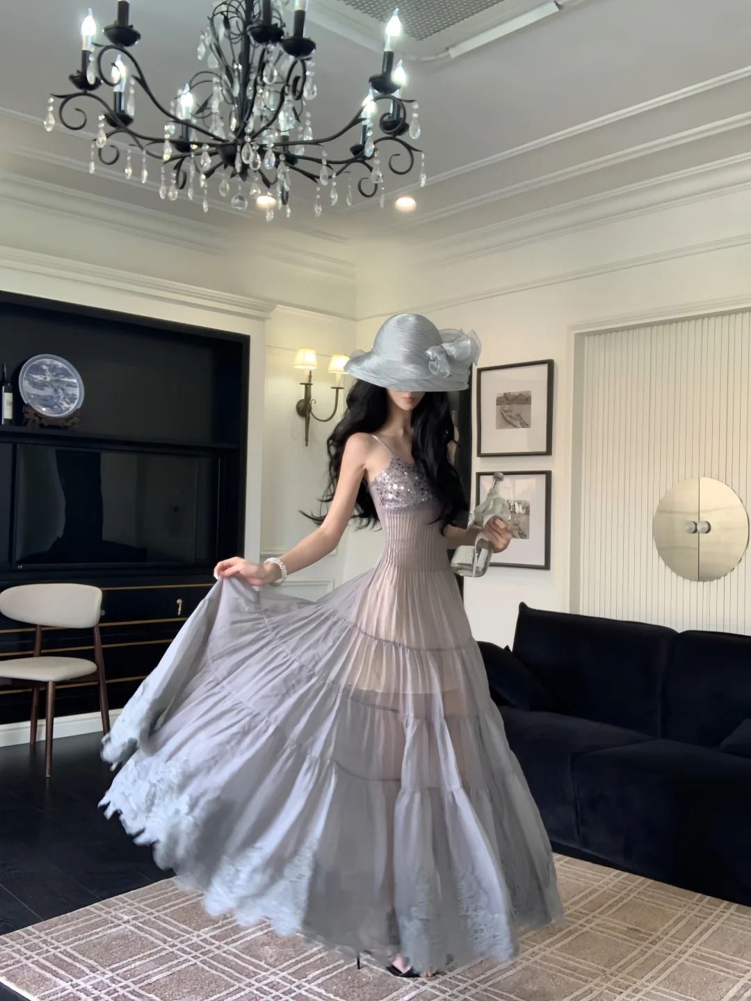 Elegant Smoky Gray A-line Spaghetti Strap Sequined Lace Long Prom Dress Evening Dress
