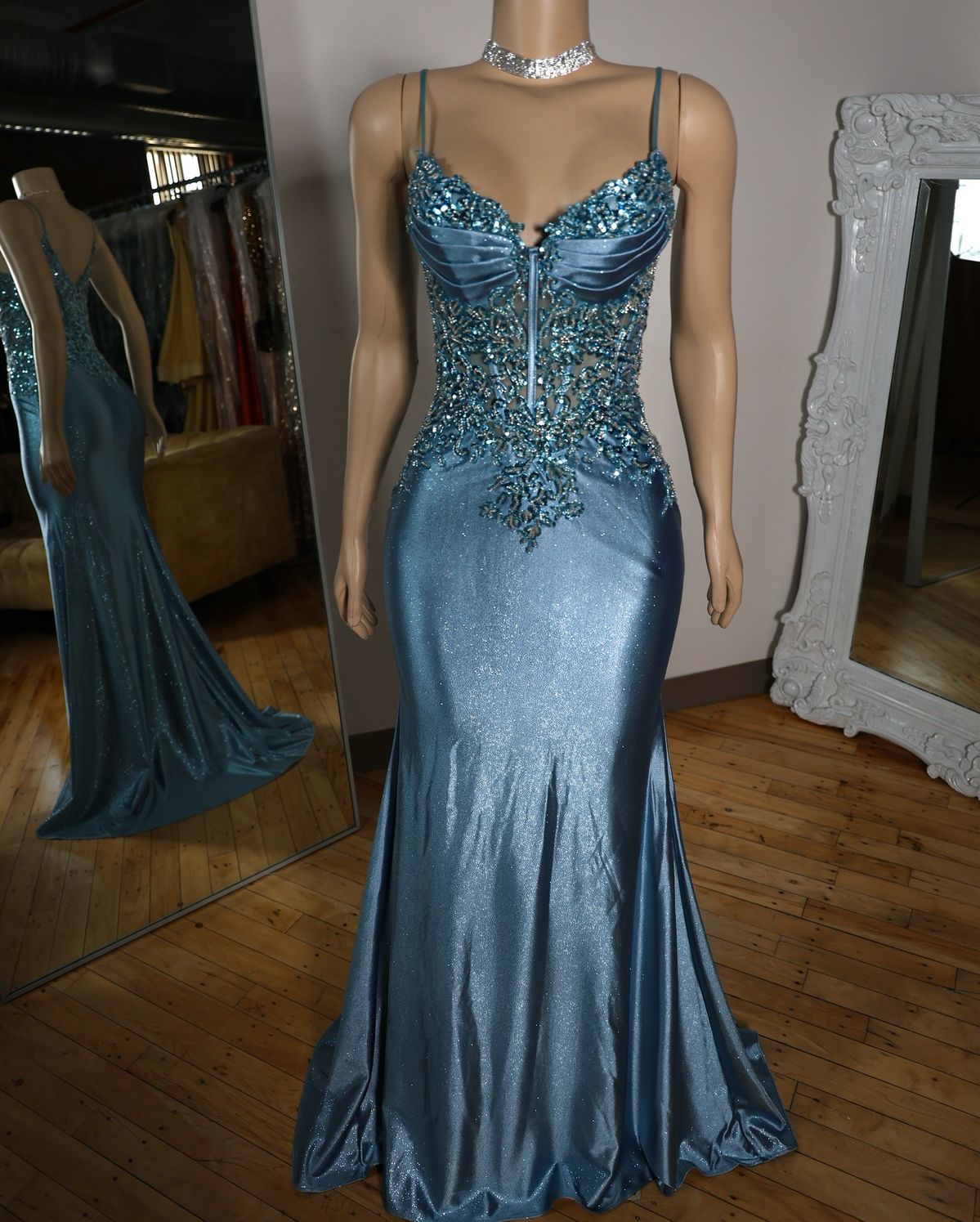Elegant Blue Mermaid Deep V Halter Beaded Satin Long Prom Dress Evening Dress