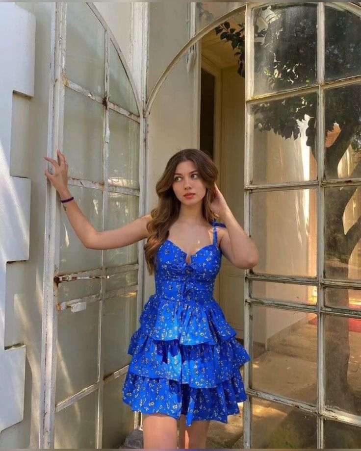 Sweet Blue Floral Suspender Layered A-line 16th Birthday Homecoming Dress