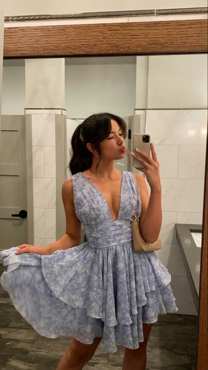 Fresh And Sweet Light Blue Floral V-neck Waist Chiffon A-line Birthday Homecoming Dress