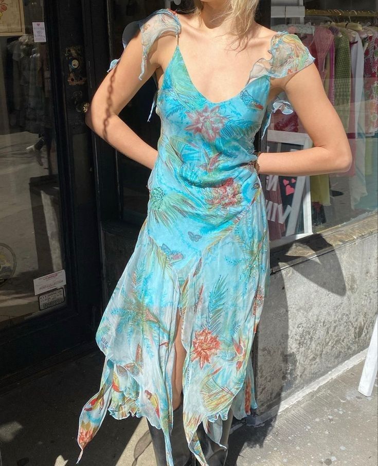 Beautiful Blue Floral Print Irregular V-neck Chiffon Prom Dress