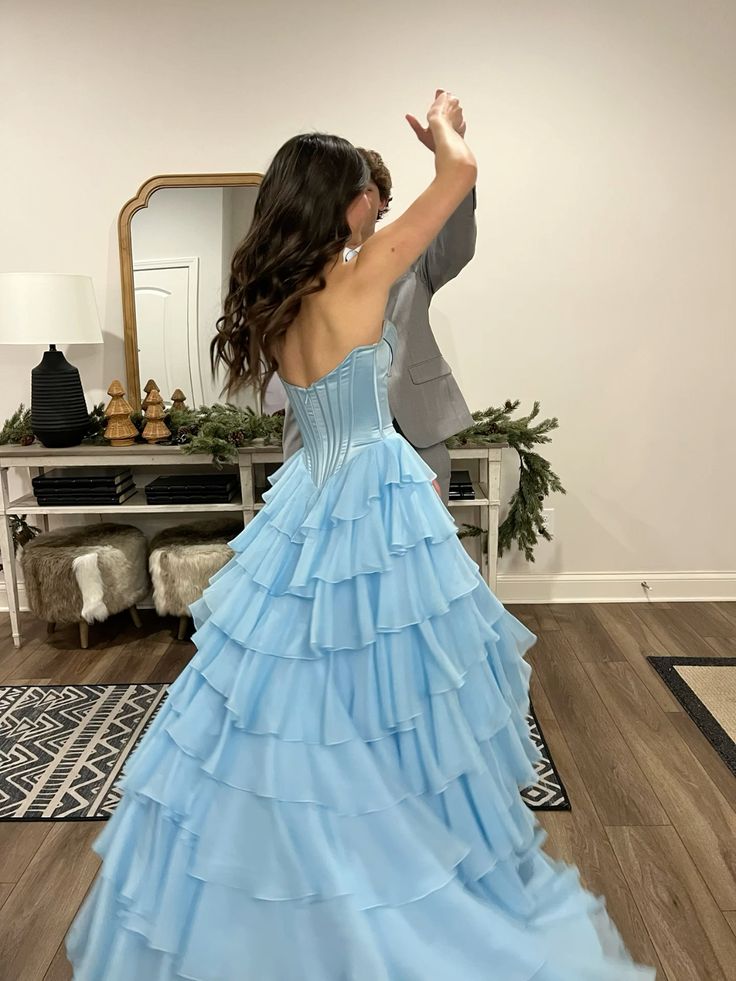 Princess Blue A-Line Strapless Layered Chiffon Long Prom & Evening Dress - View 2 | FashionDia