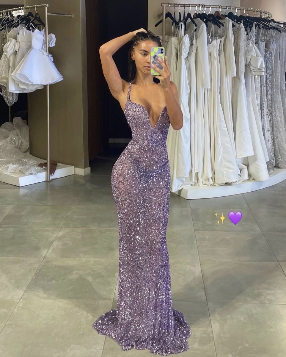 Luxurious Purple Mermaid Deep V Halter Sequined Long Prom Dress Evening Dress