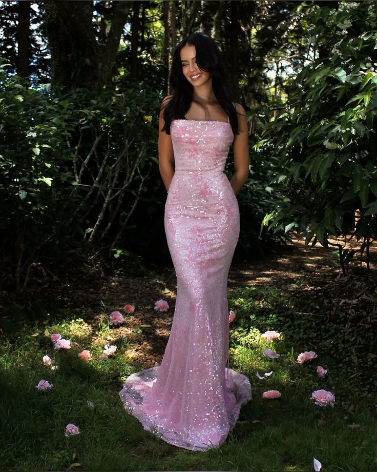 Sweet Pink Mermaid Halter Sequined Train Prom Dress Evening Dress