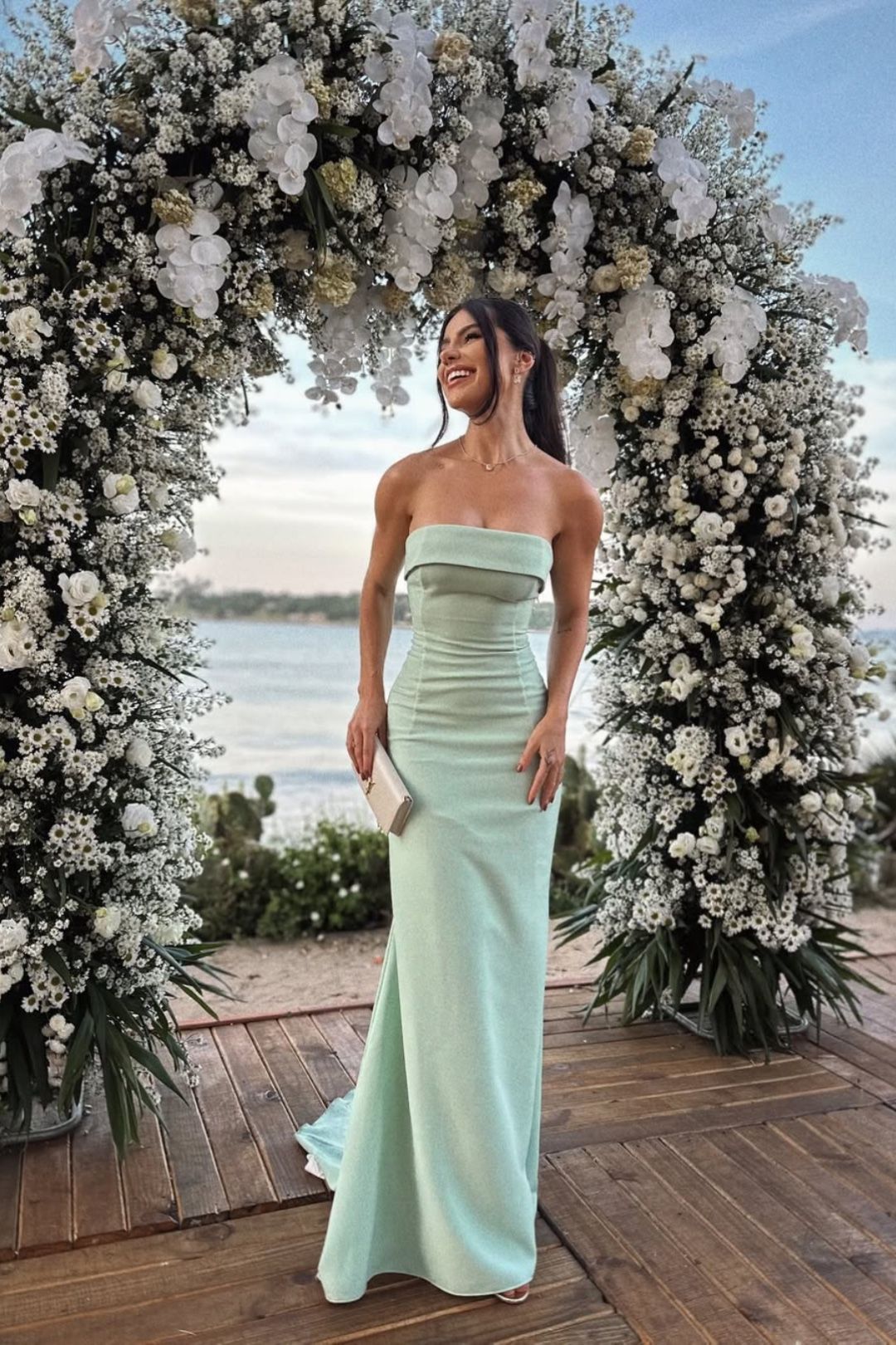 Simple Mint Green Slim-fitting Tube Top Satin Long Prom Dress Evening Dress