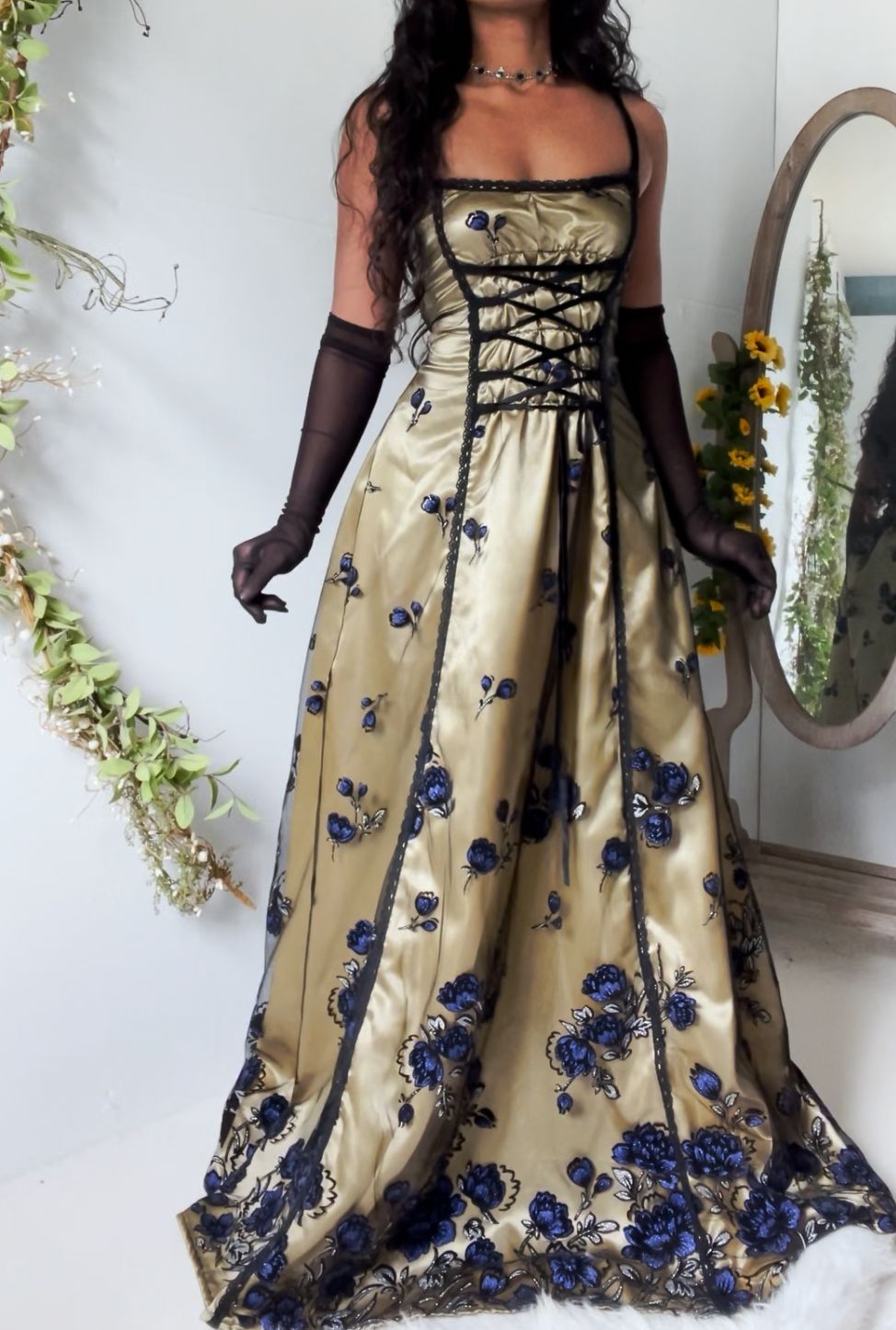 Retro A-line Halter Square Neck Tie Satin Long Prom Dress Evening Dress