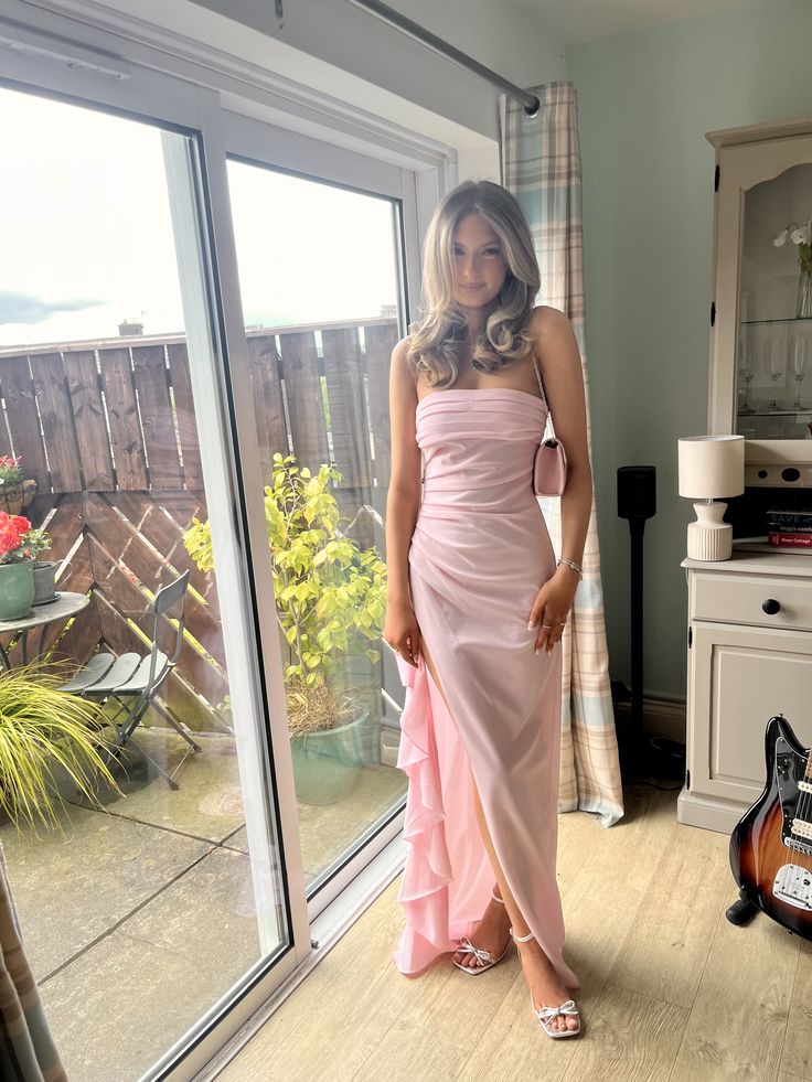 Elegant Pink Mermaid Strapless Ruffled Slit Satin Long Prom Dress Evening Dress
