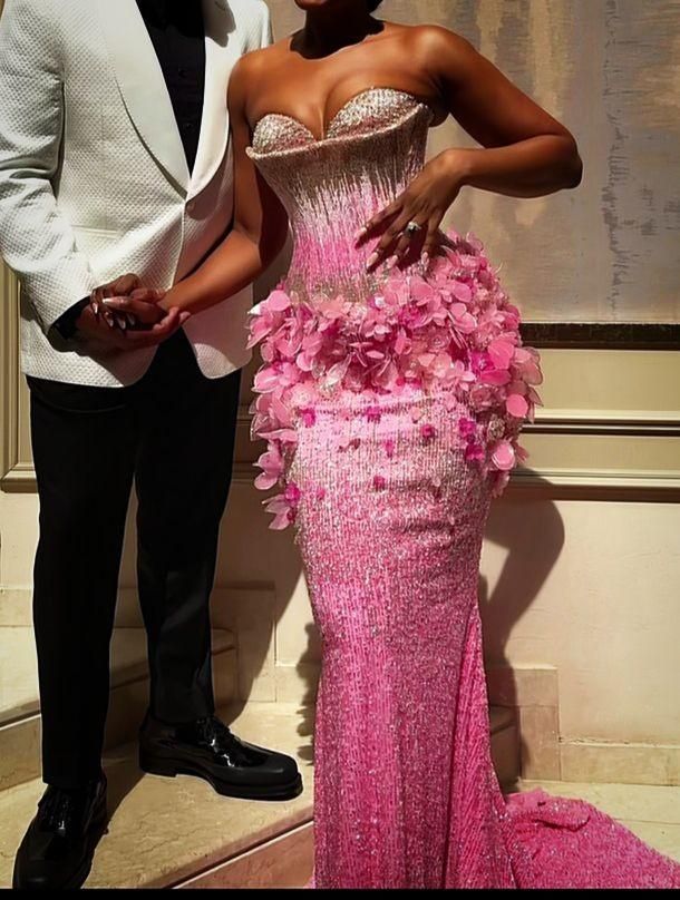 Gorgeous Gradient Pink Mermaid 3D Floral Sequined Long Prom Dress Evening Dress