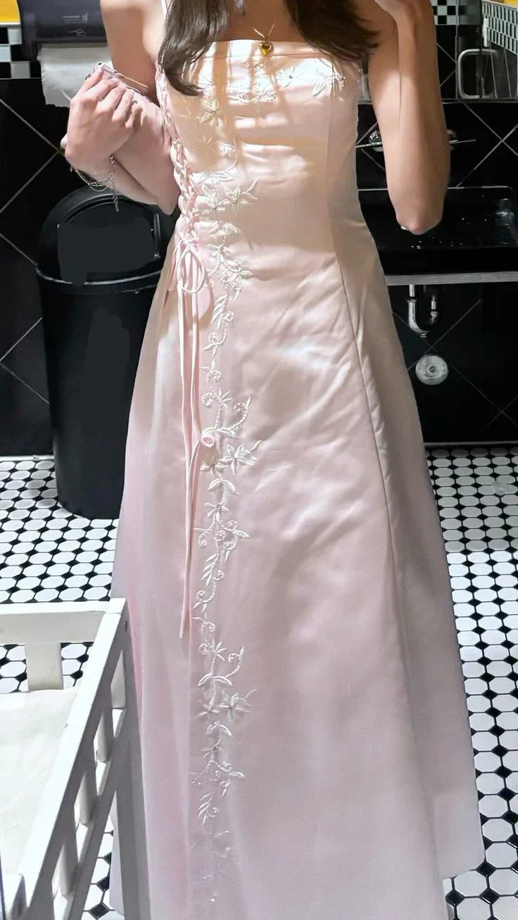 Vintage Light Pink A-line Halter Embroidered Satin Long Prom Dress Evening Dress