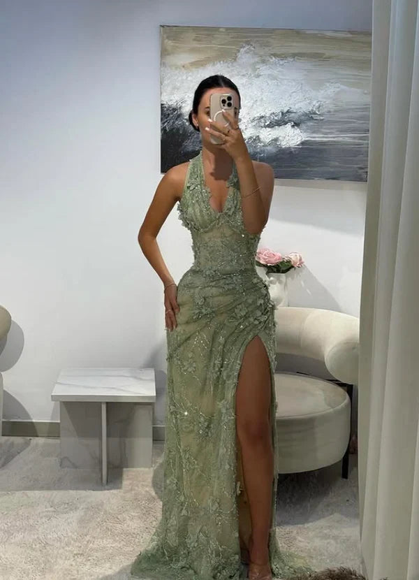 Gorgeous Green Mermaid 3D Floral Halter Neck Deep V-Neck Mesh Slit Long Prom & Evening Dress - View 4 | FashionDia