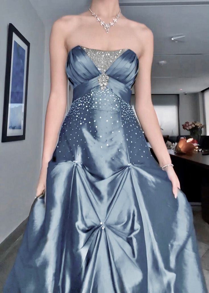 Vintage Blue A-line Strapless Satin Long Prom Evening Dress