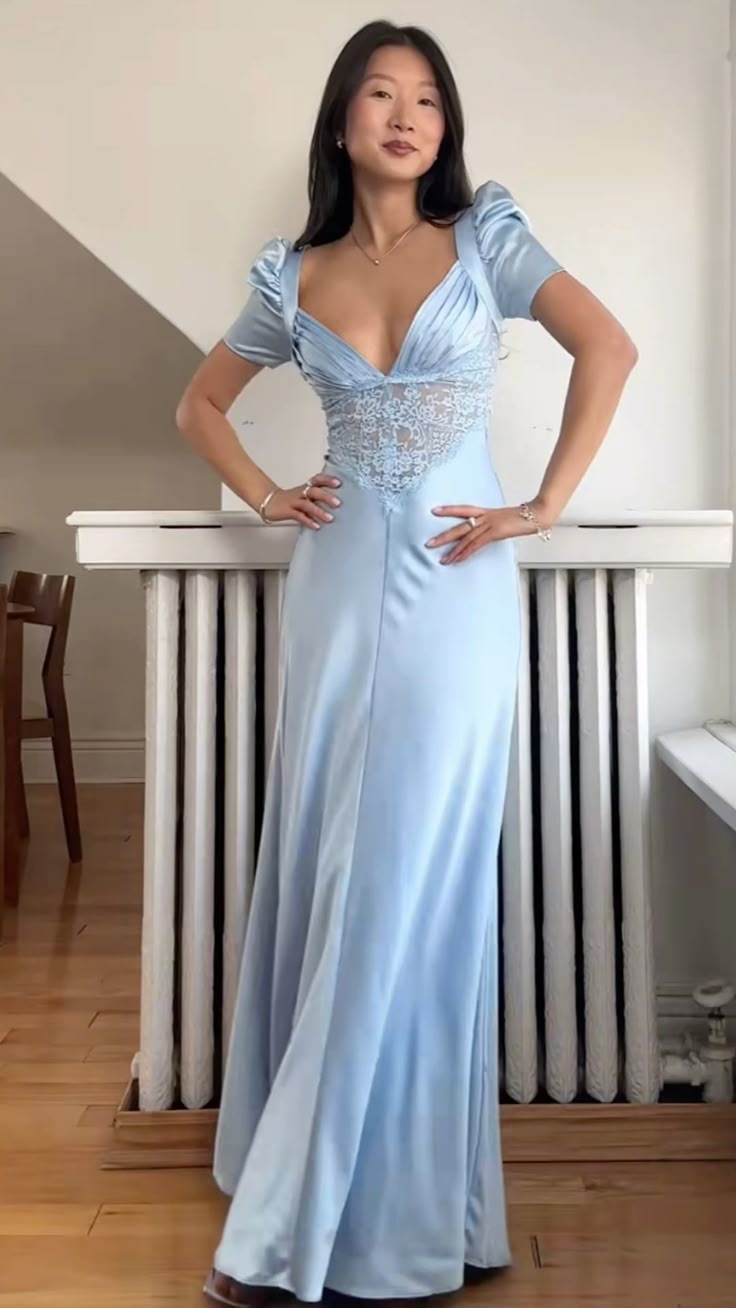 Elegant Light Blue A-line Deep V-neck Short-sleeved Satin Long Prom Dress Evening Dress
