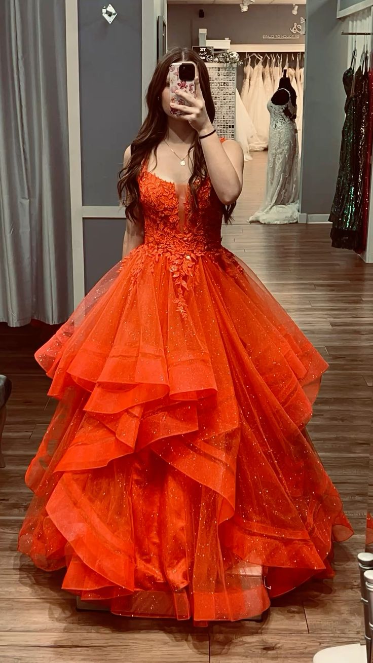 Gorgeous Orange A-line Ruffled Suspenders Lace Glitter Tulle Long Prom Dress Evening Dress