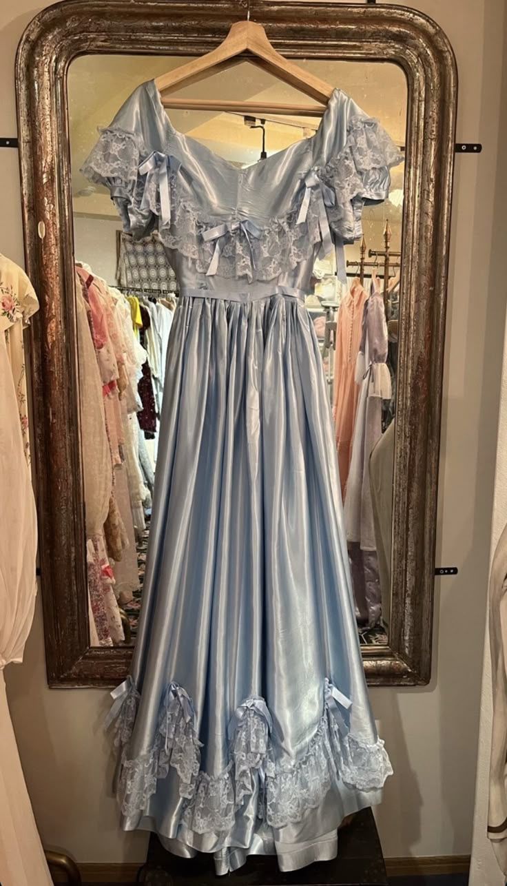 Vintage Light Blue A-line Lace Satin Long Prom Dress Evening Dress