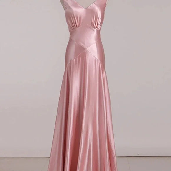 Simple Pink A-line Deep V Bow Backless Satin Long Prom Dress Evening Dress Bridesmaid Dress