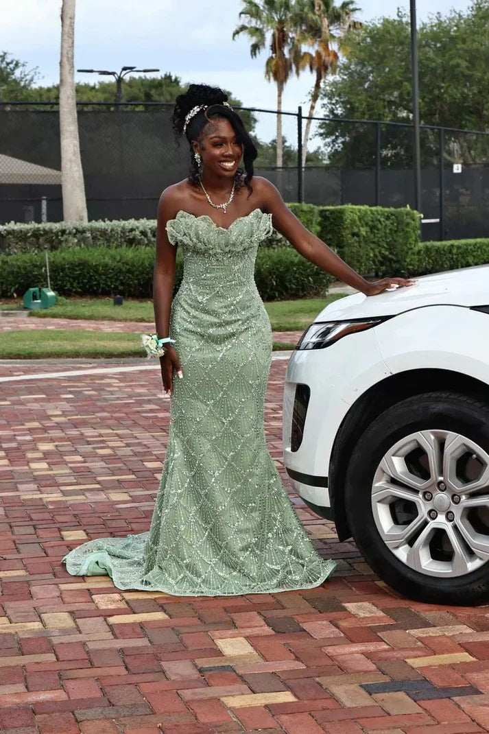 Gorgeous Light Green Mermaid Strapless Sequined Prom Dress Evening Dress