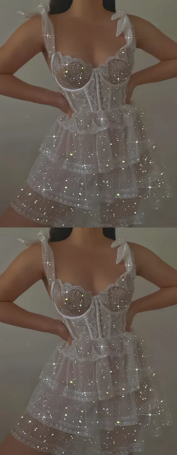 Sweet White Glitter Bow Strap Tulle A-line 16th Birthday Homecoming Dress