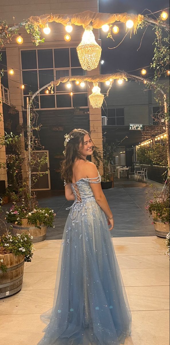 Princess Light Blue A-line Off-shoulder Tulle Long Prom Dress Evening Dress