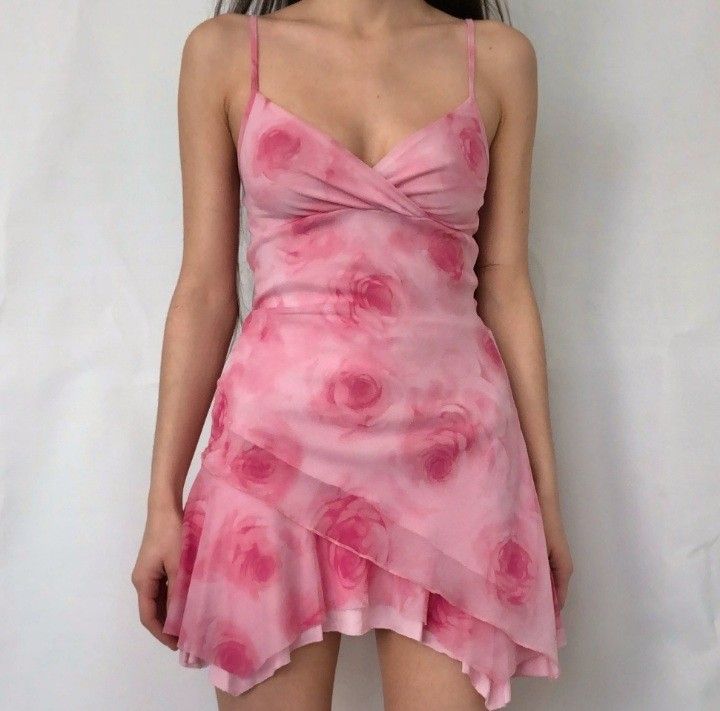 Sweet Rose Print Deep V Suspender Irregular Skirt Chiffon 16th Birthday Homecoming Dress