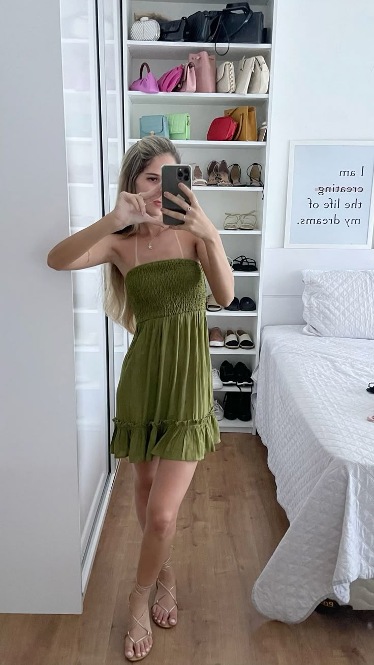 Fresh Olive Green Tube Top Ppleated Waist 17th Birthday Homecoming Dress