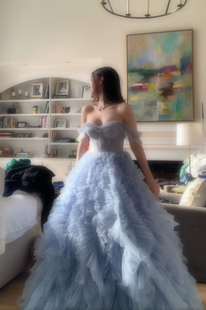 Fantasy Princess Light Blue Off-shoulder Layered Tulle Ball Gown Evening Dress