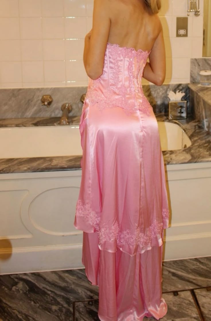 Vintage Pink A-line Lace Satin Long Prom Dress Evening Dress