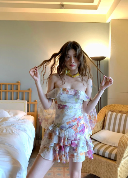 Fresh Colorful Printed One-shoulder Ruffled Chiffon 17th Birthday Homecoming Dress cc4278