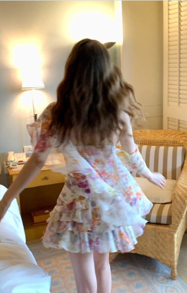 Fresh Colorful Printed One-shoulder Ruffled Chiffon 17th Birthday Homecoming Dress cc4278