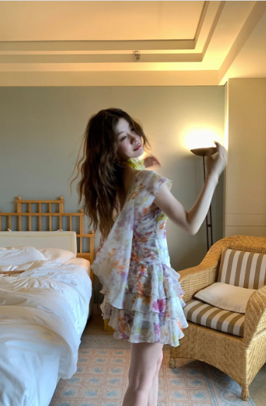 Fresh Colorful Printed One-shoulder Ruffled Chiffon 17th Birthday Homecoming Dress cc4278