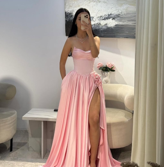 Sweet Pink A-line High Slit Strapless Satin Long Prom Dress Evening Dress