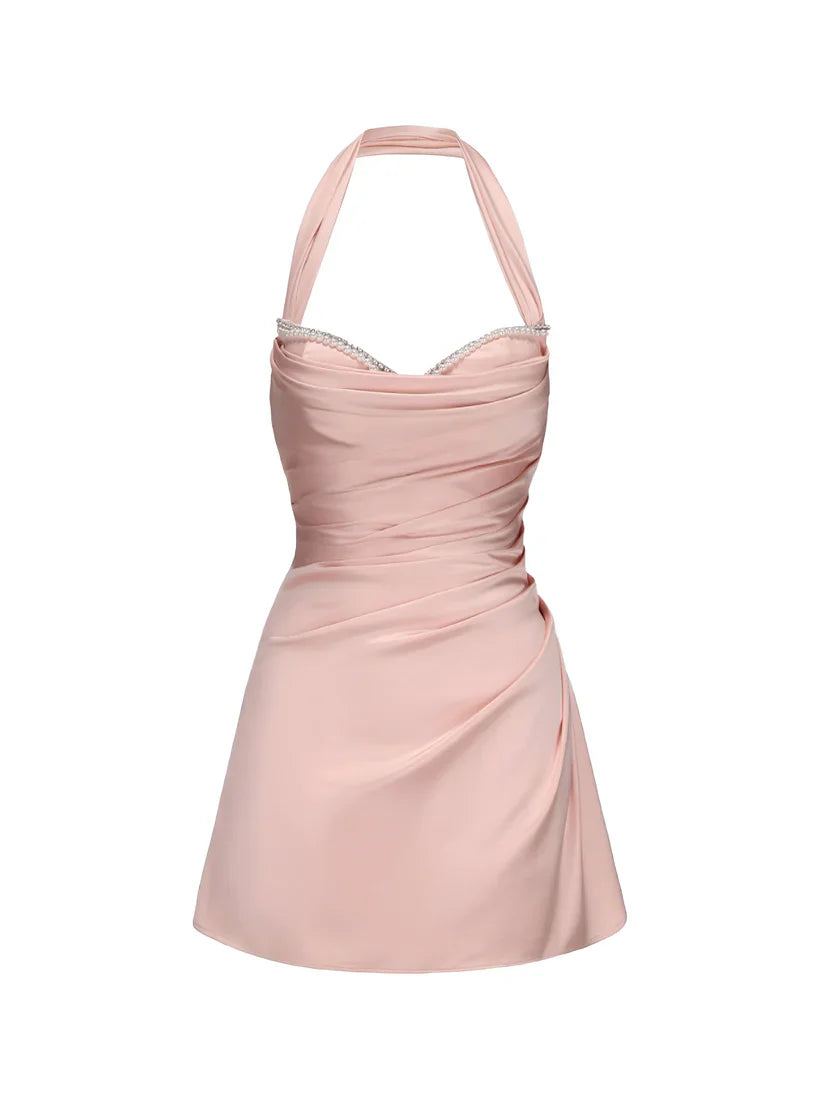 Elegant Pink Halterneck Satin Pleated Hip-hugging 17th Birthday Homecoming Dress cc4280
