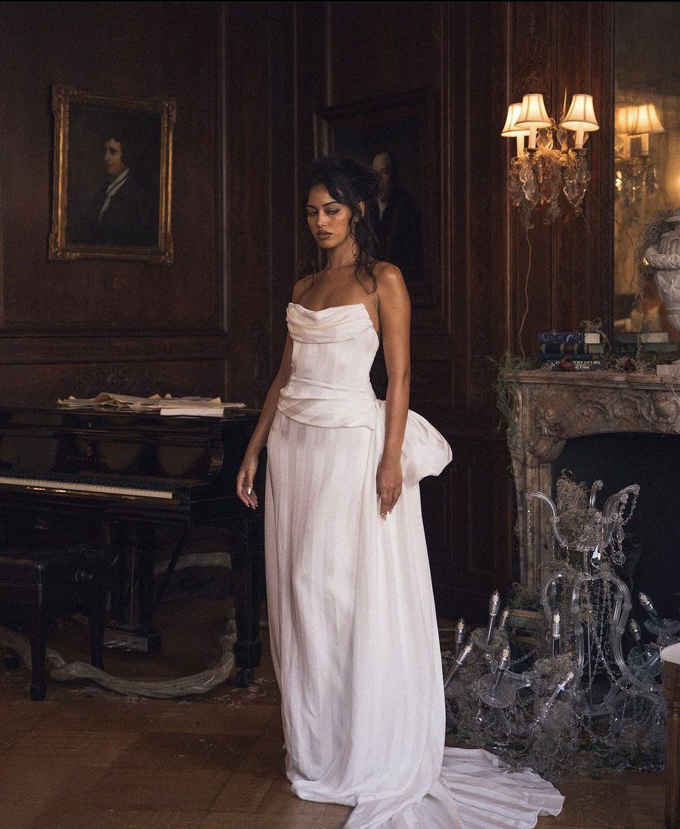 Vintage White Strapless Bow Tie Satin Train Evening Dress Wedding Dress cc4988