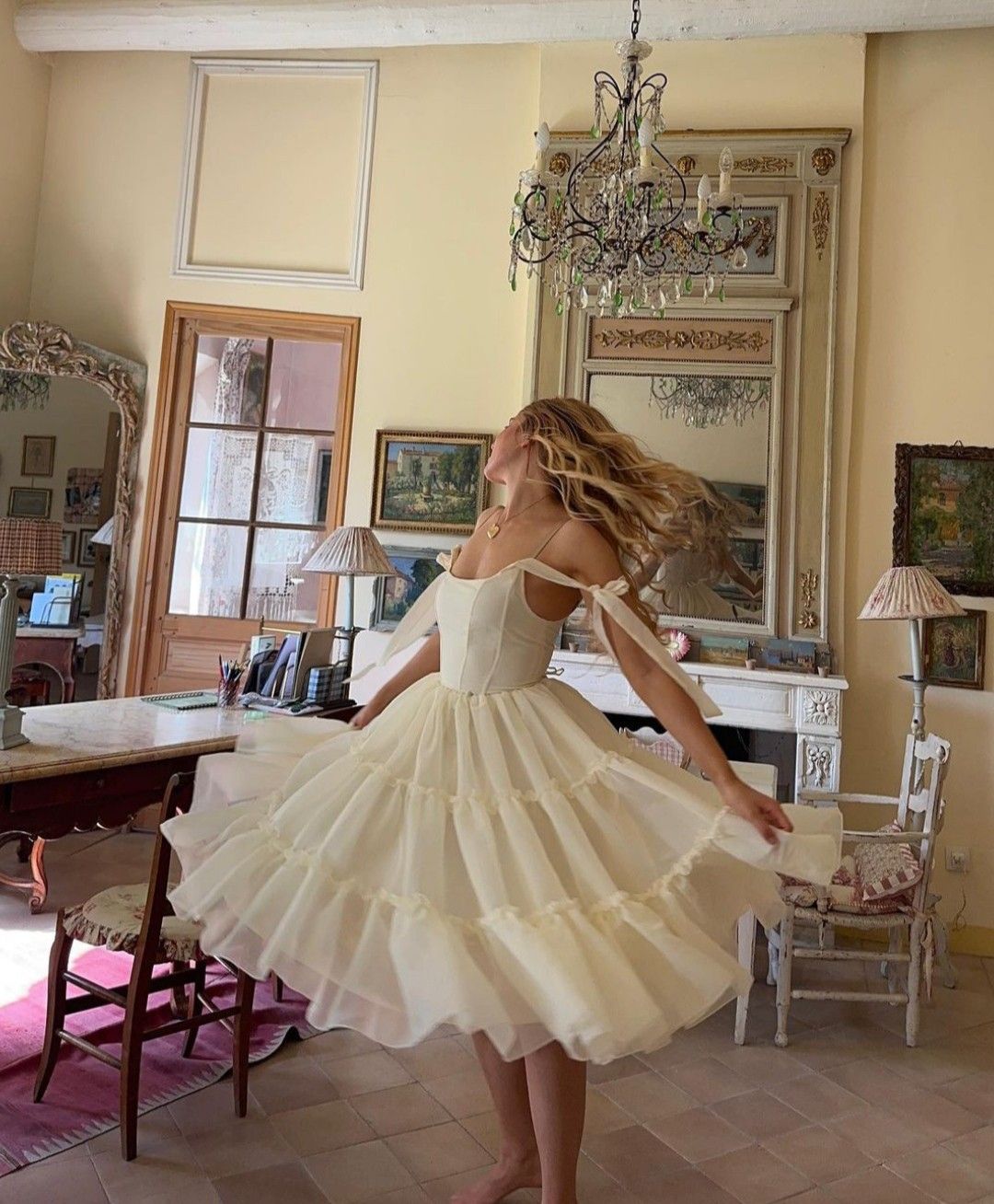 Sweet Ivory A-line Square Neckline Bow Strap Ruffled Chiffon Tea-length Prom Dress