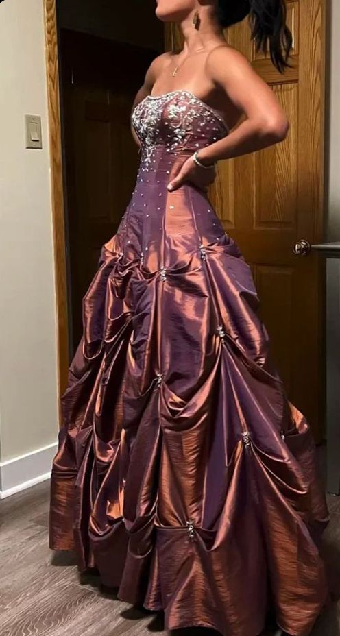 Vintage Copper A-line Strapless Rhinestone Pleated Satin Long Prom Dress Evening Dress
