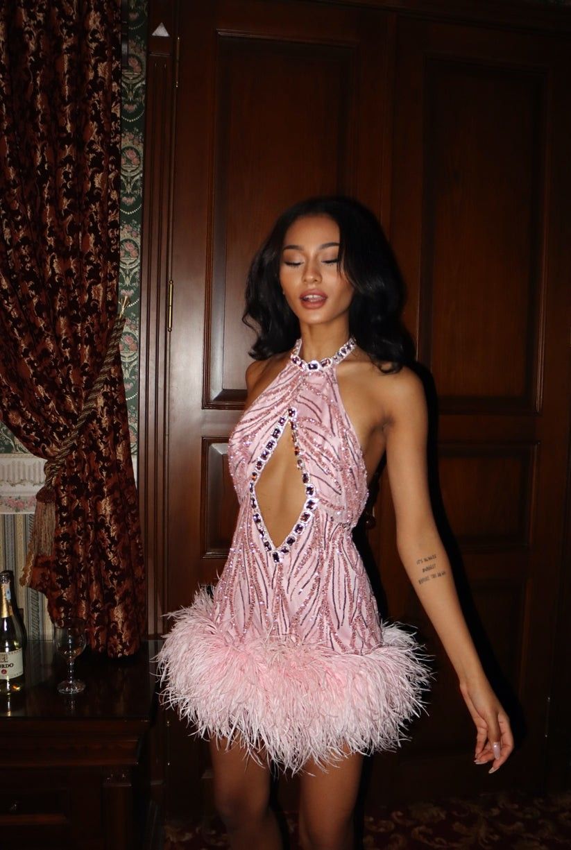 Luxurious Pink Halterneck Deep V-neck Feather Skirt 17th Birthday Homecoming Dress cc4300