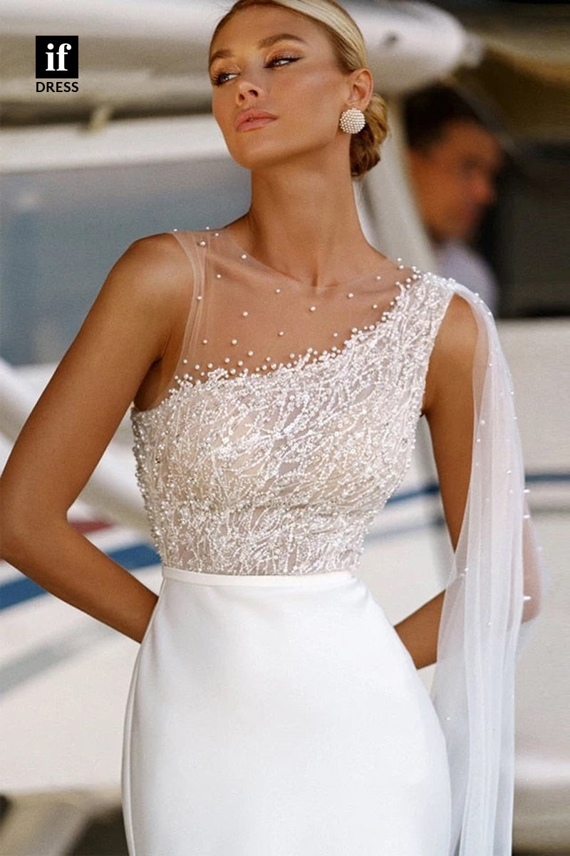 30552 - Generous One Shoulder Beads Sleeveless Column Wedding Dress