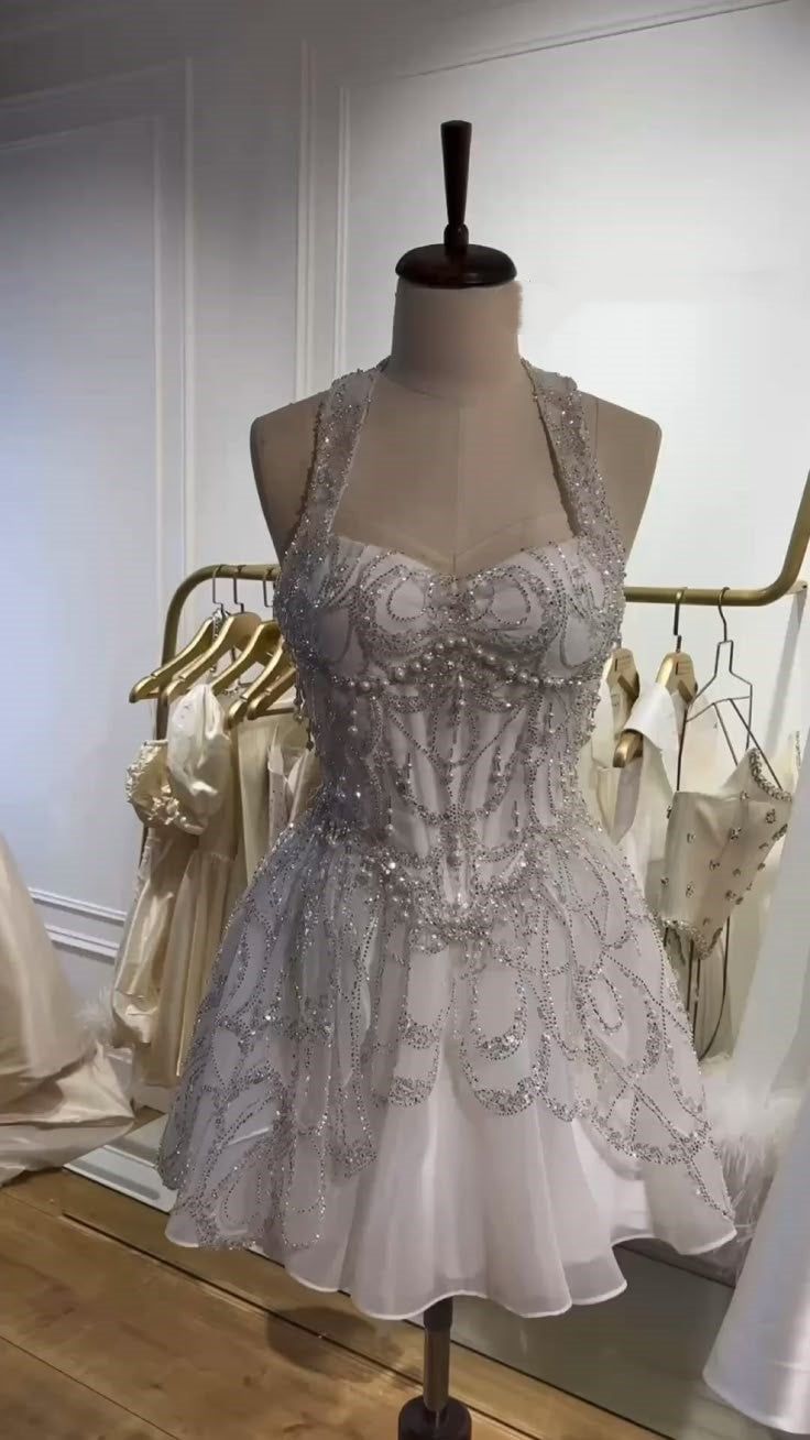 Princess Silver-white Halter Neck Beaded Tulle A-line 16th Birthday Homecoming Dress