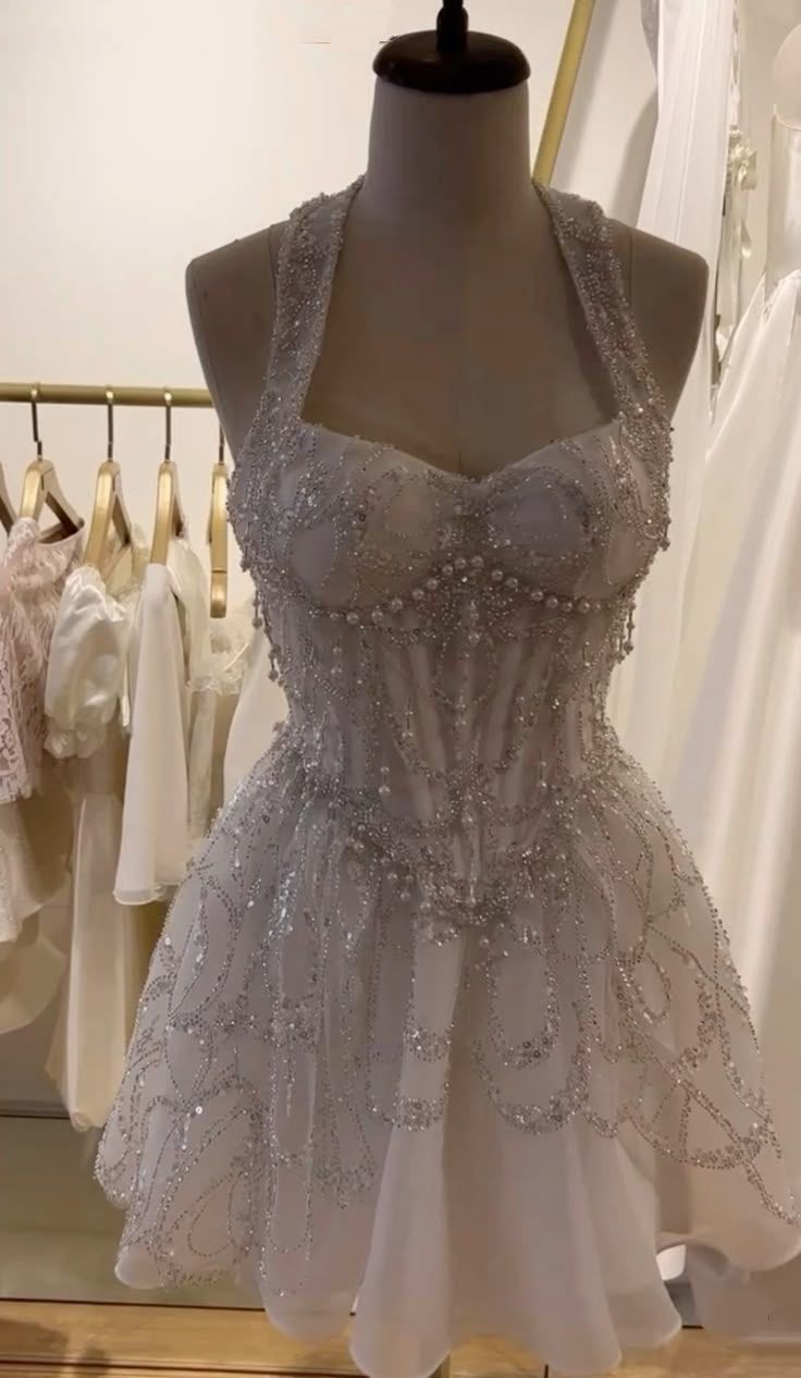 Princess Silver-white Halter Neck Beaded Tulle A-line 16th Birthday Homecoming Dress cc4304