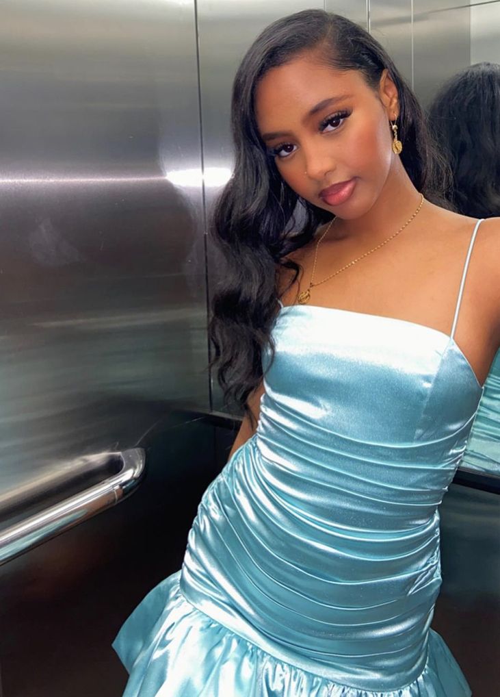 Simple Sky Blue Suspender Square Neck Pleated Bud Satin 16th Birthday Homecoming Dress
