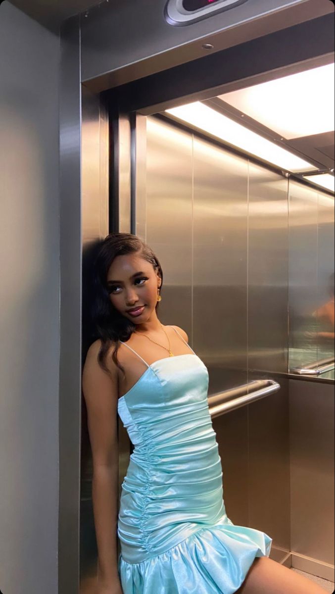 Simple Sky Blue Suspender Square Neck Pleated Bud Satin 16th Birthday Homecoming Dress cc4305