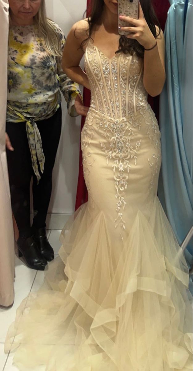 Elegant Pale Yellow Mermaid V-neck Embroidered Tulle Train Prom Dress Evening Dress